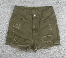 Distressed Denim Shorts Women 28‎ High Waist Raw Fringe Olive