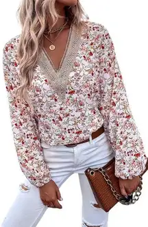 SheIn  Women's White Floral Long Sleeve Lace V-Neck Floral Blouse Top