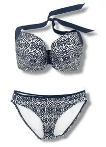 NWT Panache Swim Sia Bikini Set 32G Top & Small Bottom Navy White Ikat Print NEW
