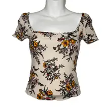 Rue21 Floral Off Shoulder Crop Top Cream Short Sleeve Smocked Blouse Size XS