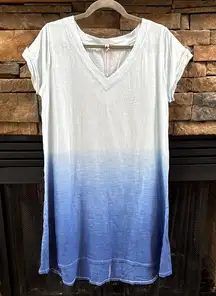 Umgee Blue Ombre Gradient Dip Dyed A-Line Tee Shirt Dress cotton oversized S