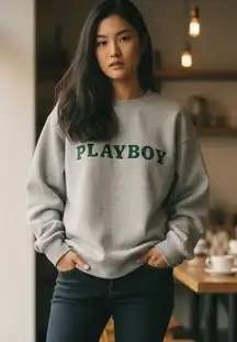 PLAYBOY Grey Sweatshirt Crewneck Pullover Fun Comfy Oversized Size M