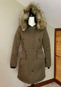 Bar III  Olive Green Faux Fur Hood Moto Parka Jacket Coat Extra Small NWOT