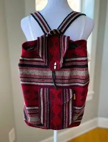 Vintage Artesian Black Red Wool Blend Tribal Boho Woven Backpack with Drawstring