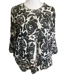 Designers Originals Black Rose Print 3/4 Sleeve Cotton Cardigan Sweater Size L