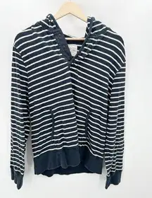 J.Crew Factory Hoodie Women MEDIUM Navy Blue White Striped 100% Cotton Pullover