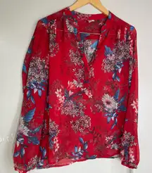 KUT From The Kloth Womens Tunic Blouse Top‎ Size M Red Floral Sheer Long Sleeve