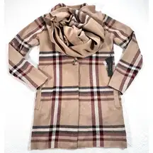 Tahari Women's X-Small Brown Plaid Long Cardigan Sweater and Scarf Set New