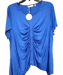 Patrizia Luca Blue Ruched High Low Short Sleeve Relaxed Womens Blouse Size Small