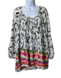 Ivy Jane  L Embroidered Tunic Whimsical Birds Print bell sleeves blouse