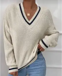 Striped Trim Drop Shoulder Cricket V Neck Sweater