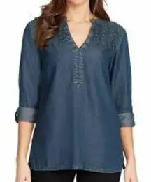 Bandolino Trinity Henley Denim Top Lightweight Size L