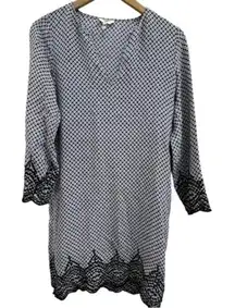 JOIE Silk Tunic Dress Women's Size XS Blue‎ Cream Geometric Long Sleeve V-Neck‌