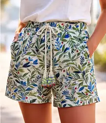 Joie Tropical Floral Print Linen Blend Shorts Beaded Drawstring Pockets Size 8