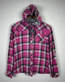 Carhartt Flannel Shirt‎ Womens Small Pink Plaid Hooded Pearl Snap Rugged Shacket