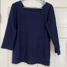Talbots Navy Blouse Knit Top Square Neck Three Quarter Sleeves Spring Size Small