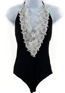 Floral Lace Crochet Trim Deep V Neck Halter Neck Sleeveless Bodysuit One Piece