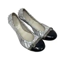 Tod's Silver Scrunch Ballet Flats with Black Patent Leather Buckle Toe Size 9.5