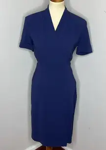 MM Lafleur Tory Dress Blue Crepe Faux Wrap V-neck Knee Length Short Sleeve