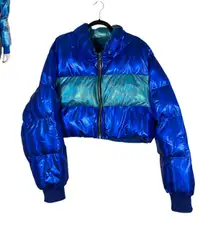Club Exx Dolls Kill Blue Metallic Colorblock Cropped Puffer Jacket Size 2X