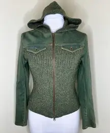 NEW Like Love Sweater Jean Jacket MEDIUM Ribbed Wool Green Hooded Zip Denim Knit