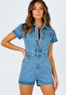 LIONESS denim romper playsuit u know what’s up short sleeve jean utility buttons