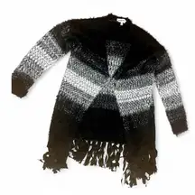 Sweater Fringe Open Front Cardigan Boho Festival Med Black White Jardigan