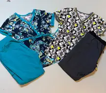 Women’s Medium Scrubs Bundle Gray Teal Top Pants Geometric Floral Nurse