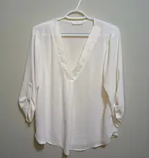 Lush White Semi-sheer 3/4 Sleeve V Neck Blouse Large Feminine Flowy Spring Light
