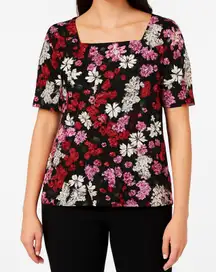 Ann Taylor Black Floral Square Neck Short Sleeve‎ Top Size S Career Feminine
