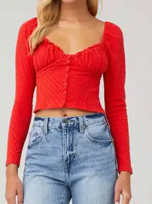 Free People Red Ladybug Button Front Long Sleeve Blouse M NWT