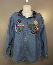 Vintage Talbots Shirt Womens Medium Denim Button Down Fall Leaves Applique 90s