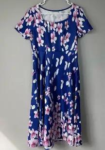 Blue Floral Midi Dress XL Square Neck Lightweight Short Sleeve Casual Summer