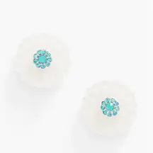 Talbots Carved Floral Rhinestone Round Stud Earrings Blue Teal & White NWT