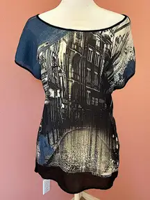 VTG 90s Y2K Abercrombie off shoulder Paris st. Graphic artsy washed out  top S