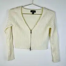 Say What Women’s Ivory Ribbed Knit Cropped Cardigan Sweater Small Zip-Up V-Neck