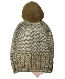 Aqua Tweed Knit Hat with Faux Fur Pom Brown New