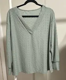 SHEIN Curve Women’s Sage Green Eyelet Pattern Longsleeve V Neck Blouse Size 1XL