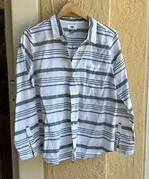 Old Navy Button Down White, Navy, Pale Green and Yellow Stripe Size Large