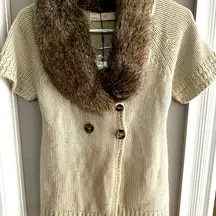 ZARA faux fur trim sweater cardigan medium beige short sleeve