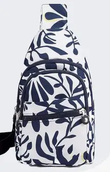 Navy and White Leaf Print Sling Bag. 11.8 x 6.6 x 4.3”.  NWT