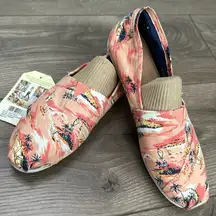 TOMS Classic Coral Printed‎ Palms Canvas  Casual Slip On Flats Size 9.5