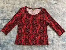 Peter Nygard Red Black Snake Print 3/4 Sleeve Top Petite Medium