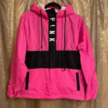 PINK - Victoria's Secret PINK Neon Hot Pink Black Windbreaker Sherpa Hooded Jacket XS/S