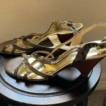MICHAEL Michael Kors: Black/Brown Snakeskin Strappy Heel Sandal- 9