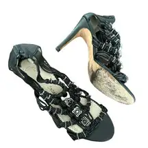 JEAN MICHEL CAZABET GOTH CORINA EMBELLISHED BLACK STRAP HEELED SANDAL CAGE SHOES