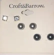 Croft & Barrow Lot of 3 Faux Pearl CZ Rhinestone Dainty Stud Earrings