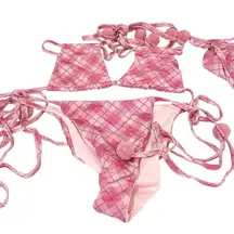 Dolls Kill Club Exx Pink Tartan Plaid Pom Pom Strings Bikini Set Swim Rave