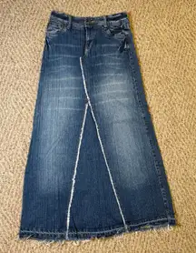 Vtg Mudd Long Y2K Frayed Raw Bottom Hem Women's Blue Denim Jeans Skirt 90s Sz 0