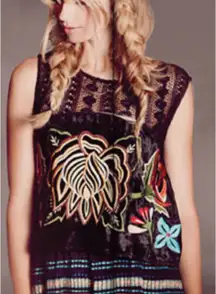 Free People Black Velvet Floral Embroidered Lace Overlay Top Size Medium